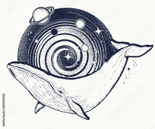 Whales and the universe. Symbol of dreams, science, fantasy, relaxation and sea adventure. Underwater animals t-shirt design concept