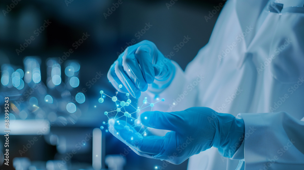 doctor hands with gloves holding hologram molecule doctor hands with gloves holding hologram molecule
