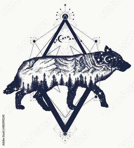 Wolf double exposure tattoo. Symbol of tourism, travel, freedom. Outdoors art, wild animals t-shirt design concept