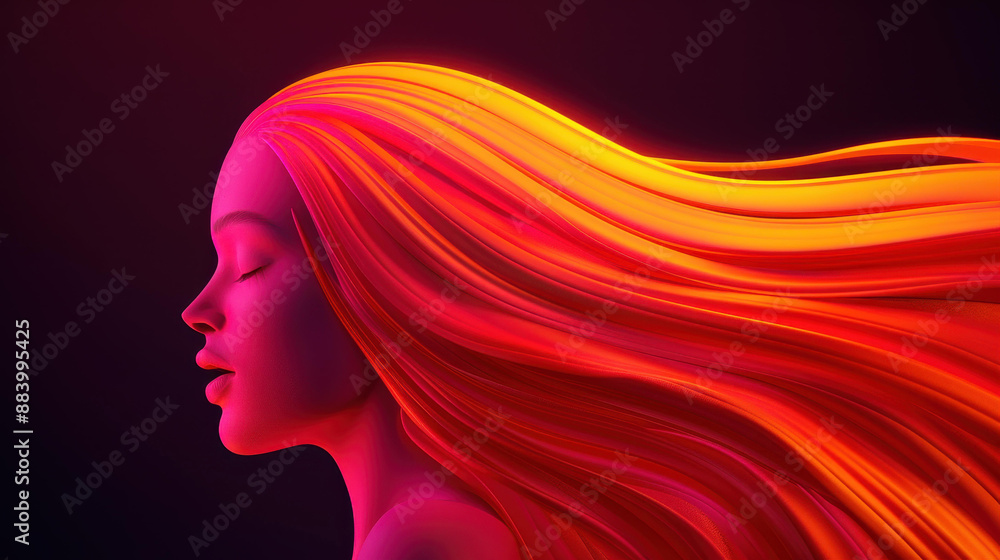 Enigmatic studio portrait of model with hair flowing, covering her face. Motion blur effect. Vibrant and dark background. Enigmatic studio portrait of model with hair flowing, covering her face. Motion blur effect. Vibrant and dark background.