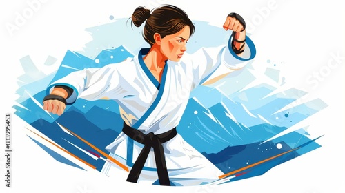 Abstract vector illustration of a girl in a kimono with a taekwondo black belt. Unique design. photo