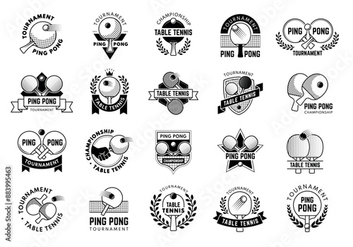Ping pong badges. Table tennis emblems with illustrations of little white ball and rockets recent vector templates