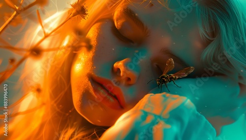 A bee sits on the healthy skin of a young woman's face at a spa. Treatment with honey for wrinkles. photo