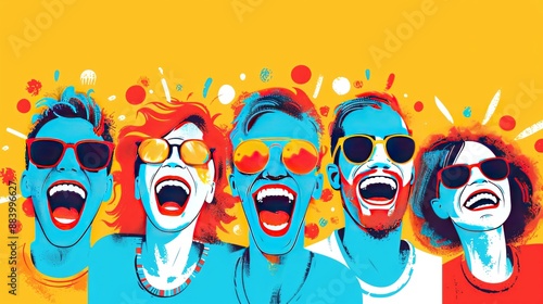 Illustration of people making each other laugh on International Joke Day, ample copy space, icons of comedy and joy