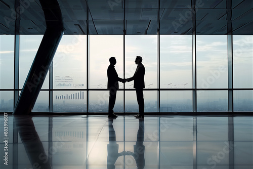 In the white background office, businessmen are shaking hands with each other next to a graphed monitor
