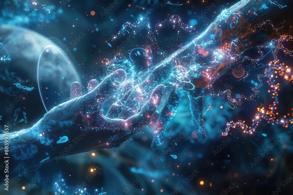 Dreamy style image, man reaching out to touch something resembling a hand, science concept Dreamy style image, man reaching out to touch something resembling a hand, science concept