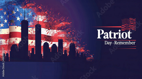 An illustration of the New York City skyline with the Twin Towers and the American flag, with the text 