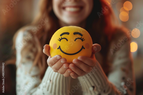 A smiling woman holds a happy face in her hand, symbolizing positive thinking and mental health awareness. This concept promotes the importance of mental health and World Mental Health Day. photo