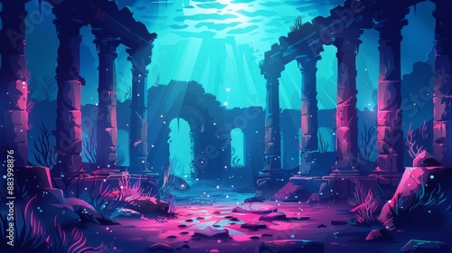 Ancient ruins of a forgotten underwater city bathed in an ethereal glow photo