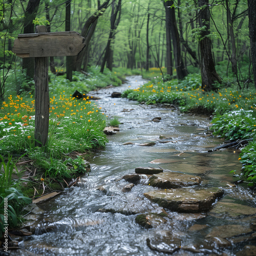 Naturschutzgebiet im Frühling mit klaren Bächen und blühenden Wildblumen photo