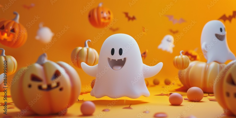 3D style , cute ghost family with happy expression on their faces, surrounded by pumpkins and falling leaves, set against an orange background for Halloween. 3D style , cute ghost family with happy expression on their faces, surrounded by pumpkins and falling leaves, set against an orange background for Halloween.