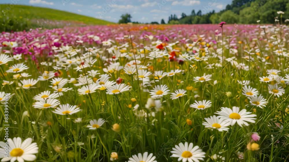 Video animation of vibrant and colorful field of flowers under a clear sky. The field is densely packed with various types of flowers Video animation of vibrant and colorful field of flowers under a clear sky. The field is densely packed with various types of flowers