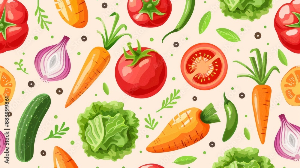 Seamless pattern with colorful vegetables and salad leaves