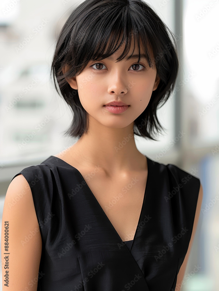 Fototapeta premium Stunning ultra realistic portrait of a beautiful Chinese woman with short black hair in NYC.