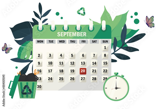 World Cleanup Day illustration. 20 september event. Environmental event. September calendar with eco-friendly theme, green leaves, recycle bin, butterflies, and clock illustration. White background