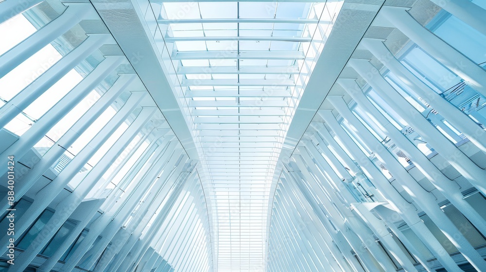 Sunlight beams through glass ceiling in modern building, creating bright atmosphere Sunlight beams through glass ceiling in modern building, creating bright atmosphere