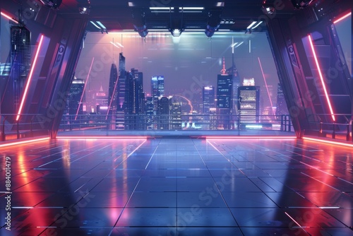 An empty stage in a futuristic cityscape, with a sleek metallic floor, neon lights, and towering skyscrapers visible through large windows. photo