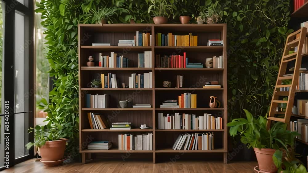 Video animation of wooden bookshelf filled with books of various sizes and colors. There are also some decorative items and plants placed on the shelves