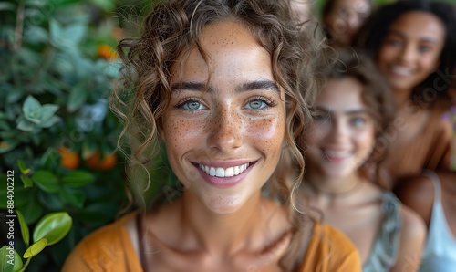 A multiracial group of young students take a selfie in a creative office, working together internationally and networking using digital devices for e-learning.