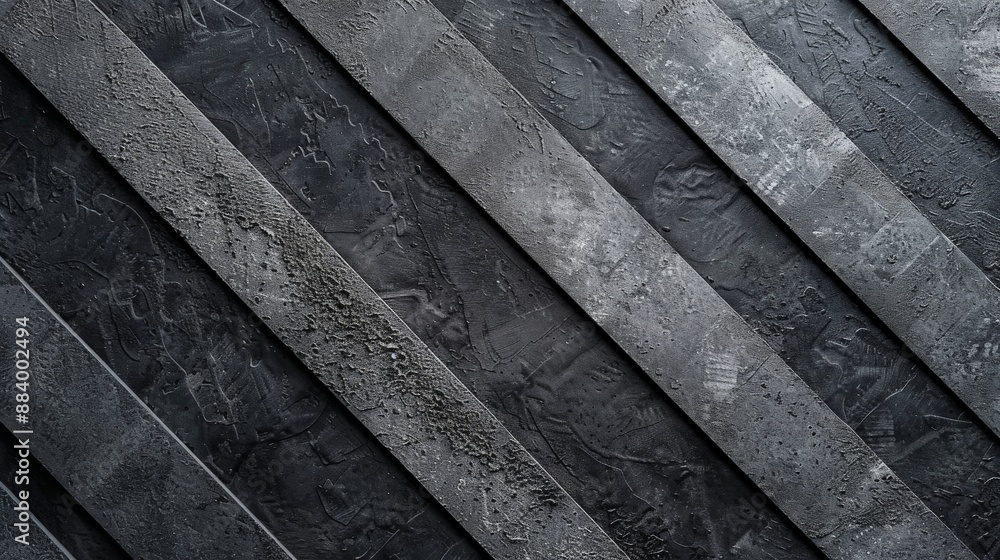 Textured black planks slant across a dark wall Textured black planks slant across a dark wall
