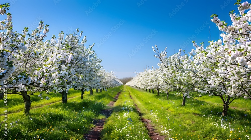 Orchard in full bloom with rows of flowering trees under a clear blue sky, providing a fresh and rejuvenating background. Orchard in full bloom with rows of flowering trees under a clear blue sky, providing a fresh and rejuvenating background.