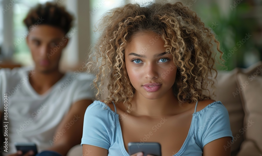 A man, filled with jealousy, watches his girlfriend use her phone. A man, filled with jealousy, watches his girlfriend use her phone.