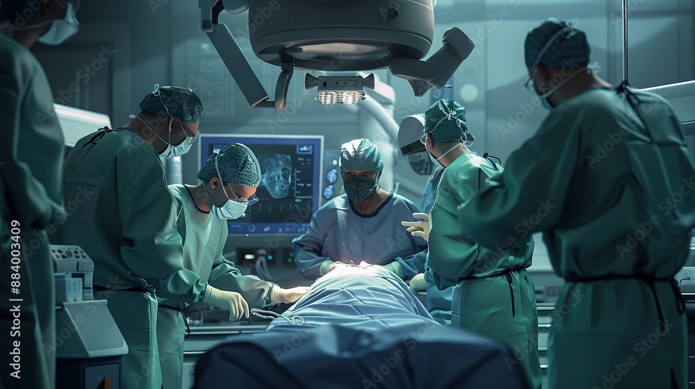 Surgical implantation, a team of doctors in a sterile operating room, focuses on performing the operation using advanced medical technology and equipment. Surgical implantation, a team of doctors in a sterile operating room, focuses on performing the operation using advanced medical technology and equipment.