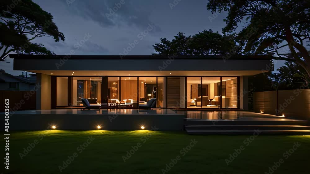 Video animation of modern single story house during twilight. The house has large glass windows and sliding doors, allowing visibility into the warmly lit interior Video animation of modern single story house during twilight. The house has large glass windows and sliding doors, allowing visibility into the warmly lit interior