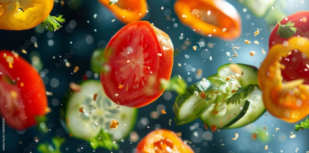 Sliced vegetables in flight, captured in mid-air with vibrant colors, showcasing freshness and culinary artistry in motion. Sliced vegetables in flight, captured in mid-air with vibrant colors, showcasing freshness and culinary artistry in motion.