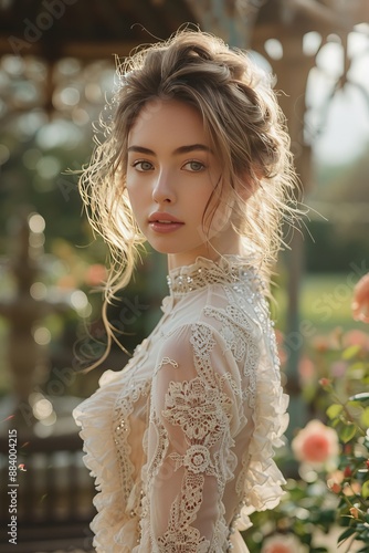 A highly detailed, photorealistic image of a woman in a romantic setting, standing in a picturesque rose garden during the soft light of the golden hour, surrounded by blooming flowers and vintage wro photo