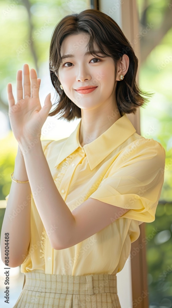 Full body photo of an elegant Korean actress wearing a light yellow short-sleeved shirt and skirt, smiling while waving to the camera at a press conference with , wearing high heels, short hair, light Full body photo of an elegant Korean actress wearing a light yellow short-sleeved shirt and skirt, smiling while waving to the camera at a press conference with , wearing high heels, short hair, light