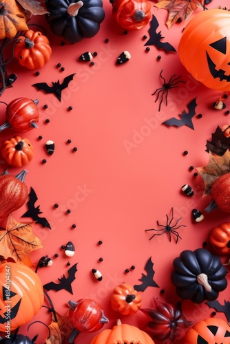 A red background with a black and orange pumpkin and a black