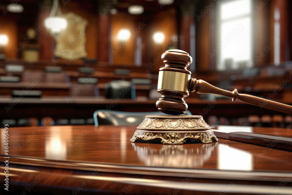 generated Illustration a wooden gavel on a tabletop with blur background of courtroom generated Illustration a wooden gavel on a tabletop with blur background of courtroom