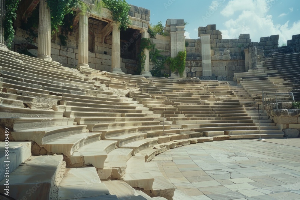 Obraz premium An empty stage in an ancient Greek amphitheatre, with marble steps, stone columns, and vines creeping up the walls. 