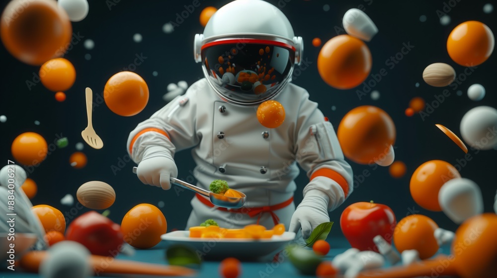 An astronaut chef prepares food in a spaceship while floating in zero gravity An astronaut chef prepares food in a spaceship while floating in zero gravity
