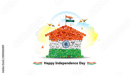 India Independence day celebration greeting. Tricolor happy human face in home shape.