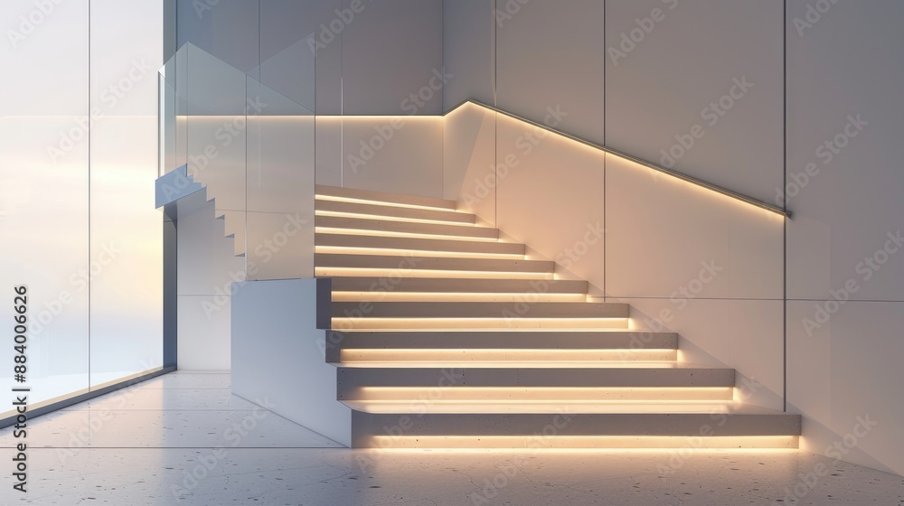 A contemporary staircase with ambient under-step lighting and a sleek handrail A contemporary staircase with ambient under-step lighting and a sleek handrail