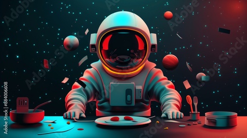Fototapeta Naklejka Na Ścianę i Meble -  An astronaut chef prepares a meal in zero gravity, surrounded by floating kitchen utensils and food