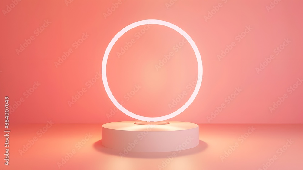 Empty Podium with Glowing Ring Light on Peach: Abstract Minimalist Presentation Concept Empty Podium with Glowing Ring Light on Peach: Abstract Minimalist Presentation Concept