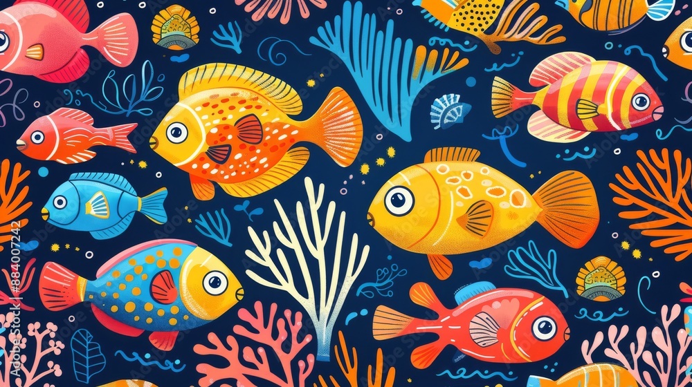 Naklejka premium Colorful Tropical Fish and Coral Seamless Pattern