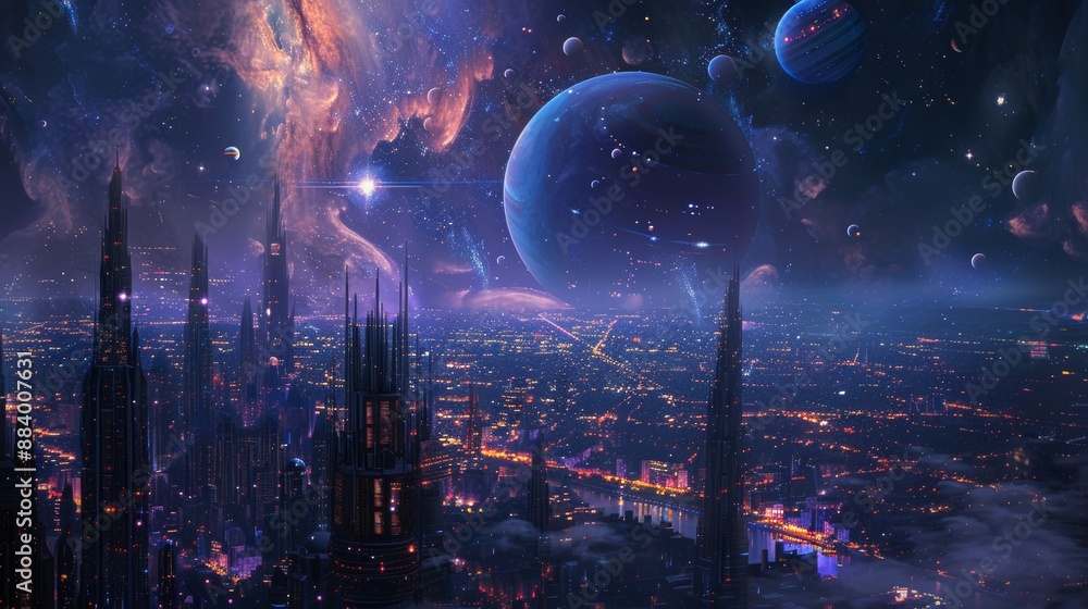 A futuristic city at night with many planets orbiting in the sky A futuristic city at night with many planets orbiting in the sky