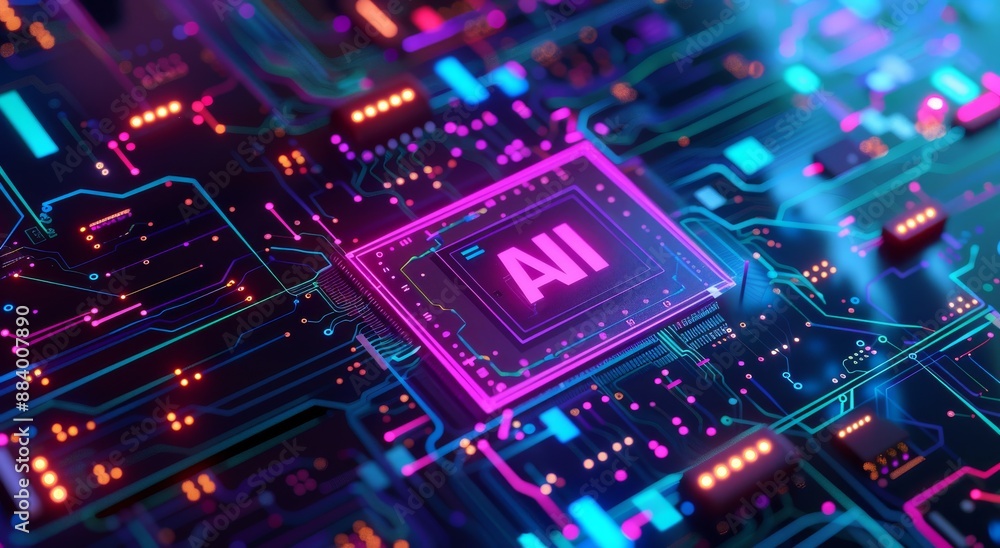 glowing AI logo on the surface of an advanced chip, surrounded by blue and purple digital patterns glowing AI logo on the surface of an advanced chip, surrounded by blue and purple digital patterns