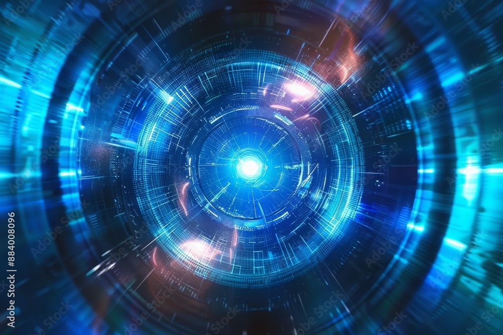 Abstract blue digital background with spinning circular motions and glowing light effects, creating an immersive futuristic atmosphere Abstract blue digital background with spinning circular motions and glowing light effects, creating an immersive futuristic atmosphere
