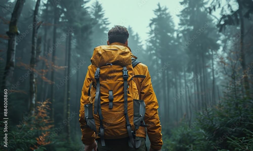 A courageous male hiker, with backpack in tow, ventures into a dark forest, embodying the risk and potential success found in nature's embrace. A courageous male hiker, with backpack in tow, ventures into a dark forest, embodying the risk and potential success found in nature's embrace.