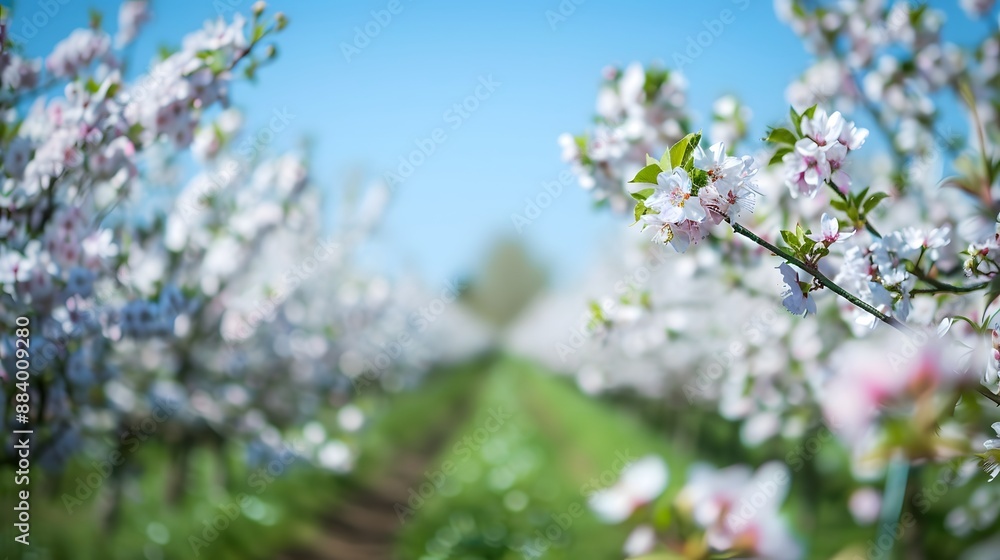 Orchard in full bloom with rows of flowering trees under a clear blue sky, providing a fresh and rejuvenating background. Orchard in full bloom with rows of flowering trees under a clear blue sky, providing a fresh and rejuvenating background.