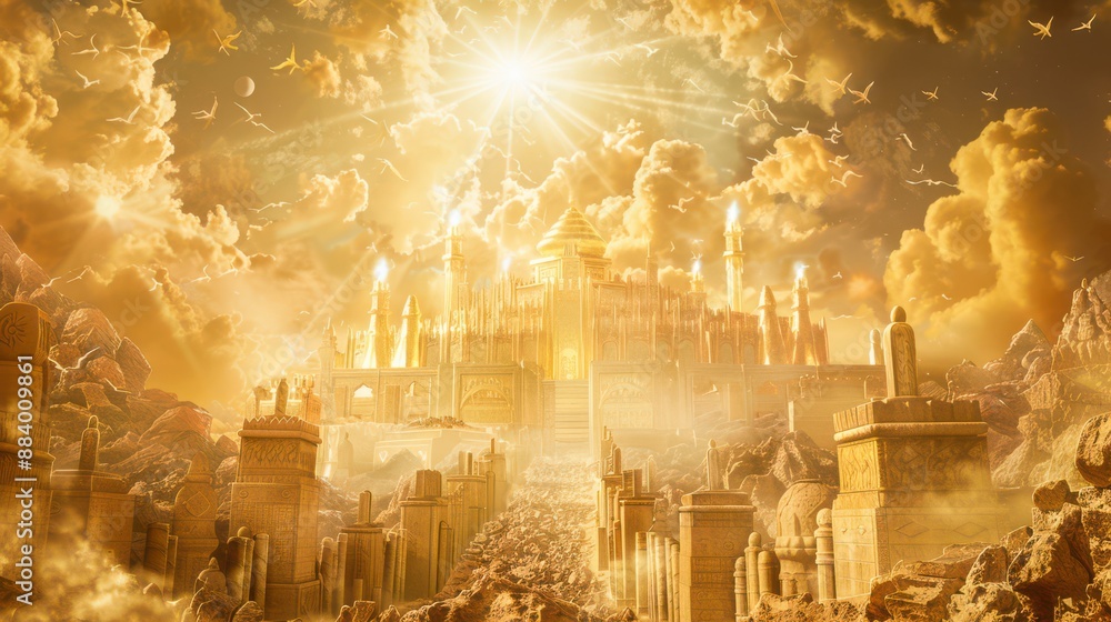 Obraz premium A vision of the New Jerusalem, a city of gold and precious stones, surrounded by angels and God's light. Perfect for illustrating articles on end time promises and the eternal kingdom.