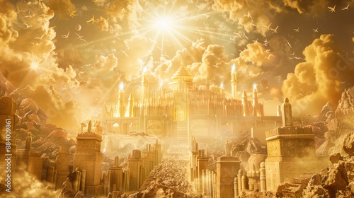 A vision of the New Jerusalem, a city of gold and precious stones, surrounded by angels and God's light. Perfect for illustrating articles on end time promises and the eternal kingdom.