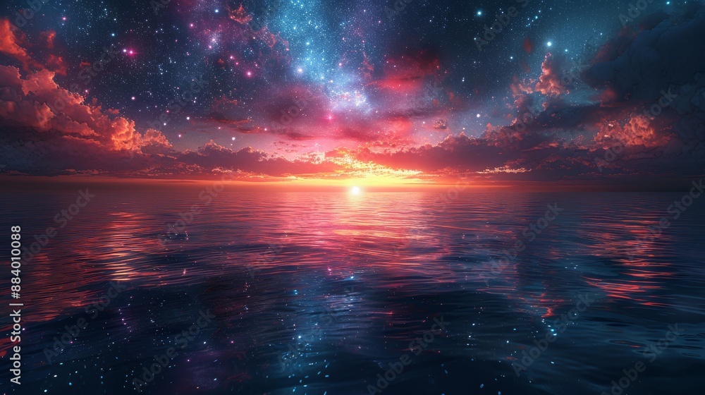 A photorealistic image of a horizon with a cosmic background A photorealistic image of a horizon with a cosmic background