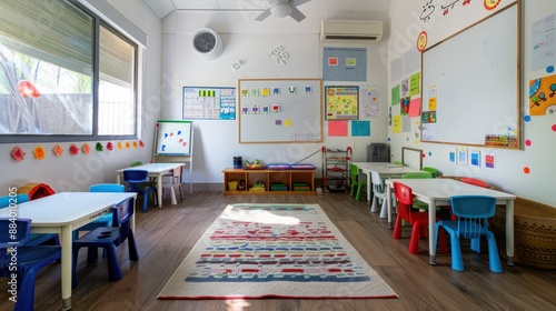 Home schooling classroom setup with a whiteboard and learning charts on the walls.
