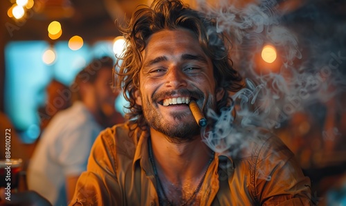 A Caucasian man, enjoying a cigar and a smile, sits at a poker table, embodying the thrill and lifestyle associated with the game.